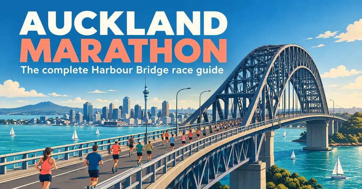 Illustration of runners crossing Auckland Harbour Bridge above the harbour, with the city skyline and Sky Tower behind them, headed “Auckland Marathon”.