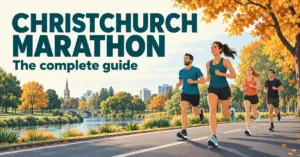 Illustrated runners on a flat Christchurch road beside a river and autumn trees, with the heading ‘Christchurch Marathon: The complete guide’.
