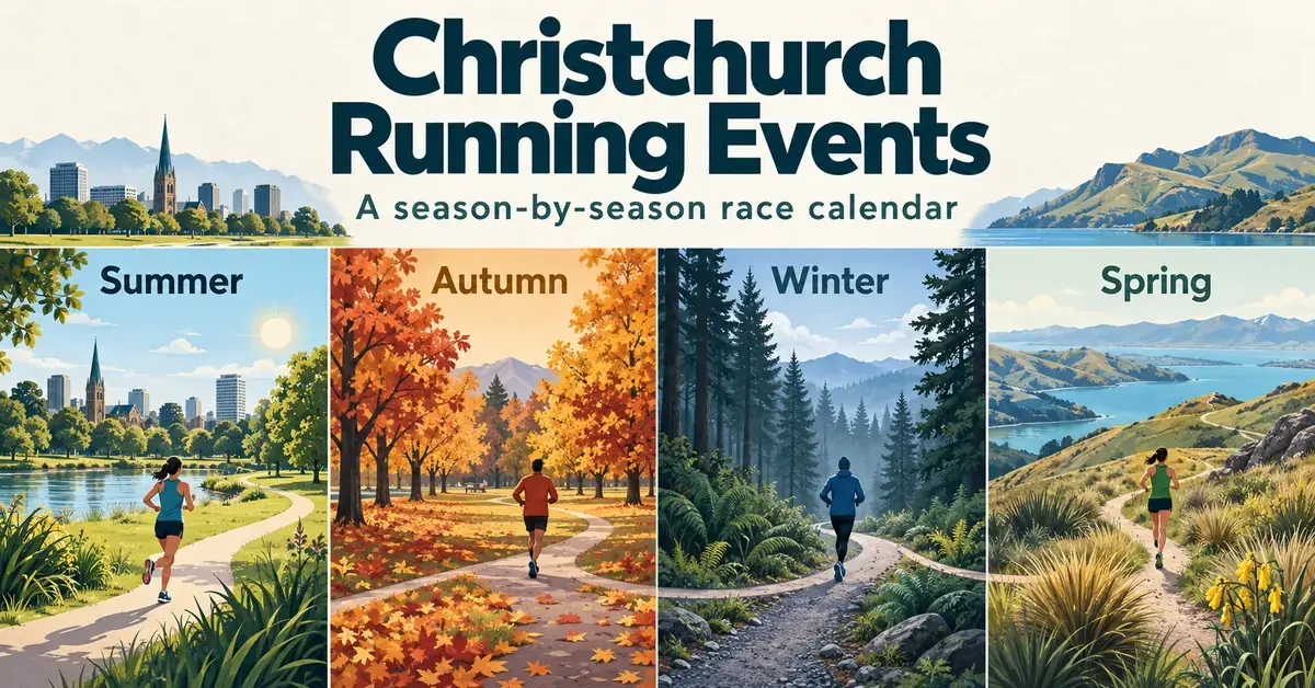 Illustrated runners explore Christchurch park paths, autumn woodland, winter forest trails and the Port Hills across four panels labelled Summer, Autumn, Winter and Spring.