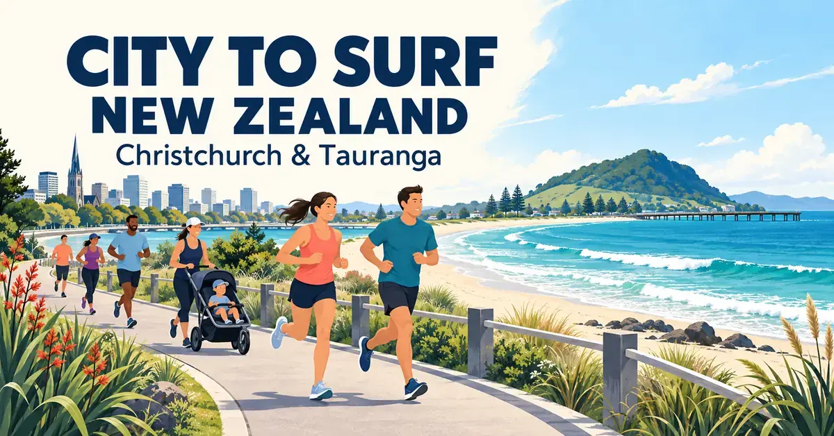 Illustration of runners and a parent with a pram beside a New Zealand beach, with a city skyline, green coastal hill and the words ‘City to Surf New Zealand — Christchurch & Tauranga’.
