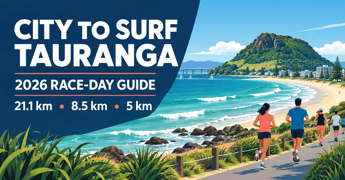 Illustrated runners and walkers beside Mount Maunganui beach and Mauao, with City to Surf Tauranga 2026 race-day guide text and distances of 21.1 km, 8.5 km and 5 km.