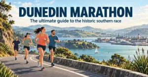 Illustrated runners follow a scenic road beside Otago Harbour beneath the title ‘Dunedin Marathon’ and the subtitle ‘The ultimate guide to the historic southern race’.
