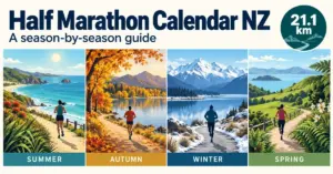 Illustrated runners explore New Zealand coastal, lakeside and alpine paths across summer, autumn, winter and spring in a half marathon calendar graphic.
