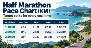 Half marathon pace chart showing per-kilometre paces and 5 km, 10 km and 15 km splits for 1:30, 2:00 and 2:30 finish times beside an illustrated New Zealand coastal road.