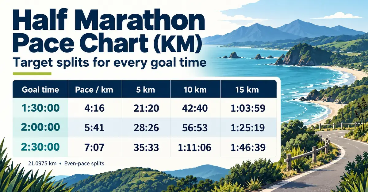 Half marathon pace chart showing per-kilometre paces and 5 km, 10 km and 15 km splits for 1:30, 2:00 and 2:30 finish times beside an illustrated New Zealand coastal road.