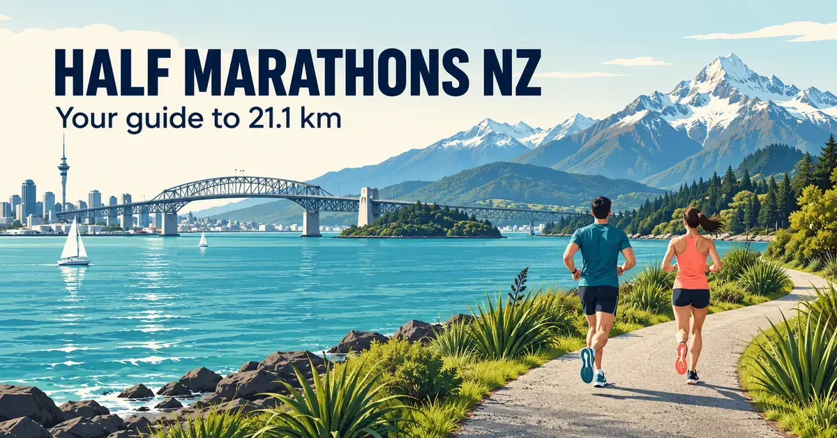 Illustrated runners follow a waterfront path beside a harbour bridge and New Zealand mountains beneath the heading “Half Marathons NZ” and subtitle “Your guide to 21.1 km”.