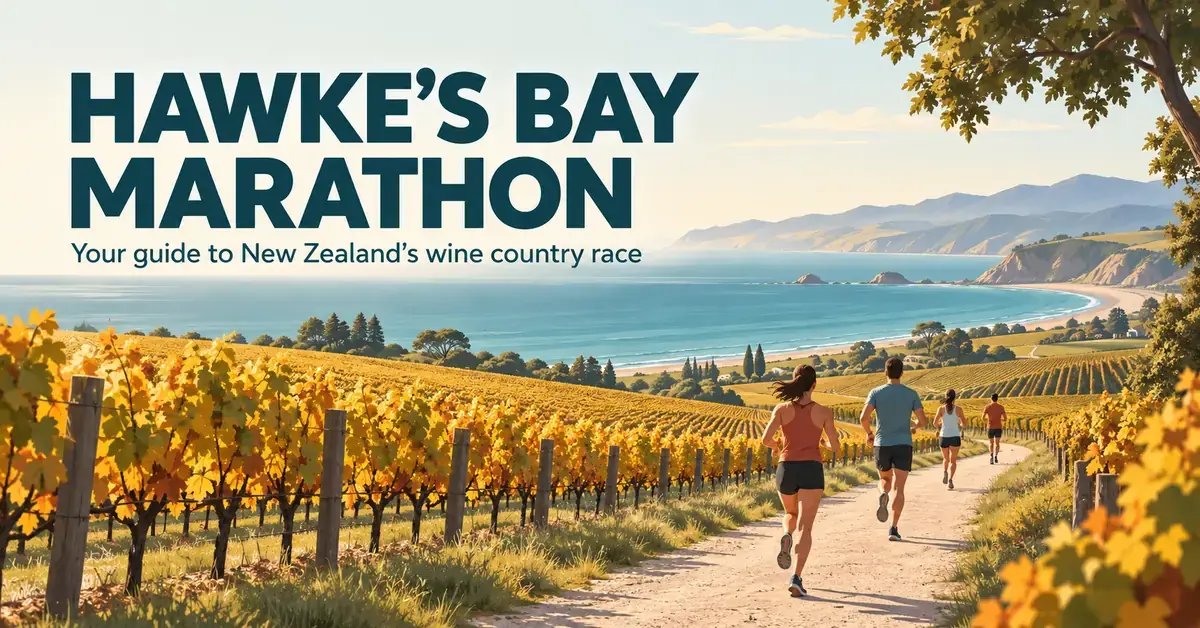 Illustrated runners follow a trail through golden autumn vineyards beside the sea beneath the heading ‘Hawke’s Bay Marathon’.