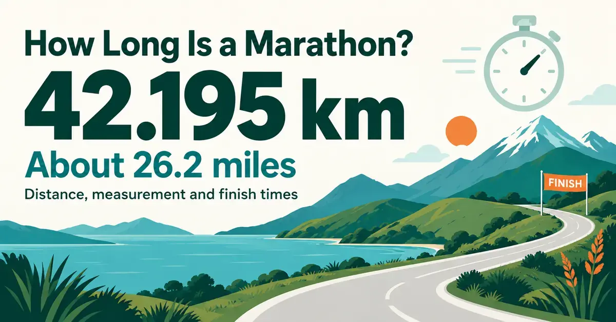 A marathon distance graphic showing 42.195 km, or about 26.2 miles, beside a winding course through green hills with a finish flag and stopwatch.