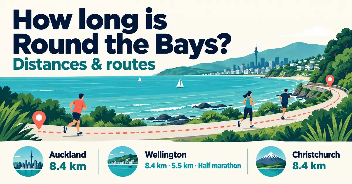 Illustrated runners follow a coastal route beside Round the Bays distances for Auckland and Christchurch at 8.4 km, and Wellington at 8.4 km, 5.5 km or a half marathon.