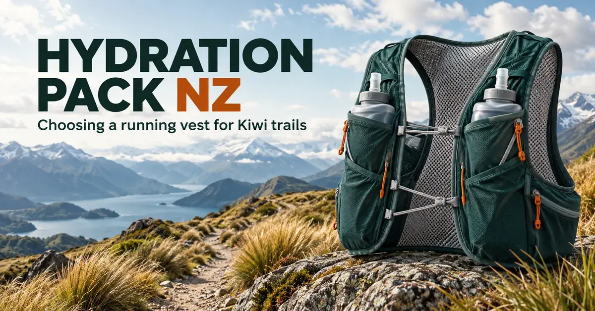 A green running hydration vest with two soft flasks beside a New Zealand alpine trail, with text about choosing a vest for Kiwi trails.