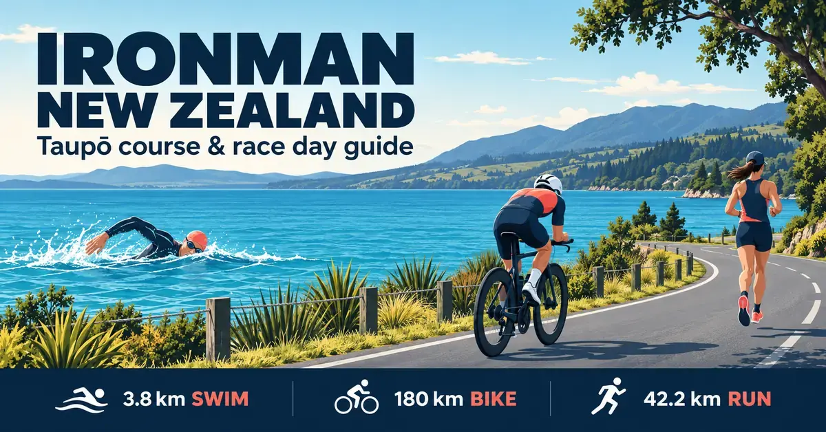 Illustrated swimmer, cyclist and runner beside Lake Taupō, with the IRONMAN New Zealand guide title and distances of 3.8 km swimming, 180 km cycling and 42.2 km running.