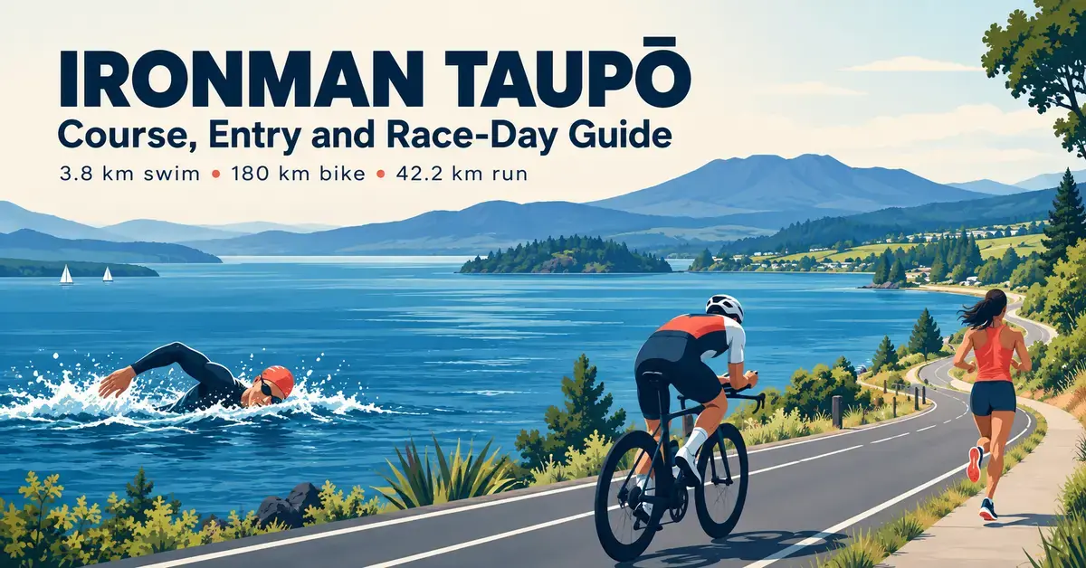 Illustration of a swimmer, cyclist and runner beside Lake Taupō, with the Ironman Taupō guide title and distances for each triathlon leg.