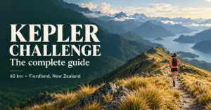 Kepler Challenge guide graphic showing an illustrated trail runner on a golden tussock ridge above a lake and layered Fiordland mountains, with text highlighting the 60 km run.