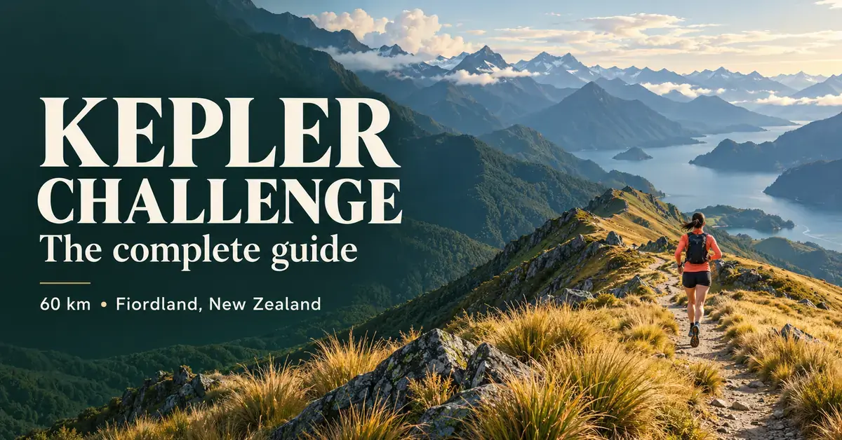 Kepler Challenge guide graphic showing an illustrated trail runner on a golden tussock ridge above a lake and layered Fiordland mountains, with text highlighting the 60 km run.
