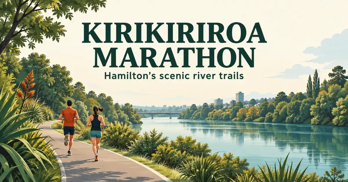 Illustration of two runners on a leafy path beside Hamilton’s Waikato River, beneath the title ‘Kirikiriroa Marathon’.