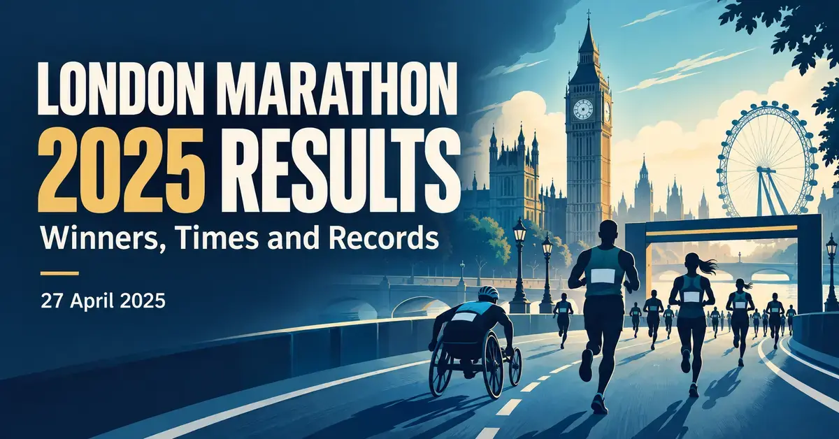 Illustrated runners and a wheelchair racer pass London landmarks beside the text ‘London Marathon 2025 Results: Winners, Times and Records’ and the date 27 April 2025.