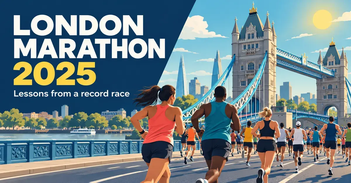 Illustrated runners approach London's Tower Bridge in sunshine beside the text “London Marathon 2025: Lessons from a record race”.