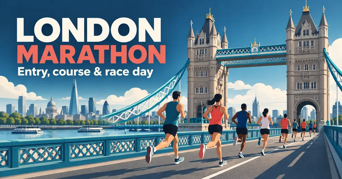 Illustrated runners cross Tower Bridge beside the London skyline beneath the heading ‘London Marathon’ and subtitle ‘Entry, course & race day’.