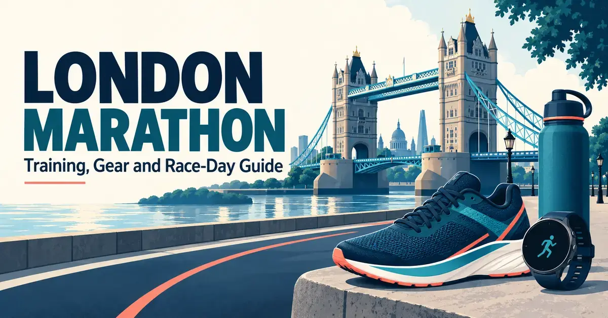 London Marathon training, gear and race-day guide graphic featuring Tower Bridge, a running shoe, a sports watch and a water bottle.