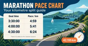 Marathon pace chart showing per-kilometre paces for 3:30, 4:00 and 4:30 finish times beside an illustrated New Zealand waterfront route and stopwatch.