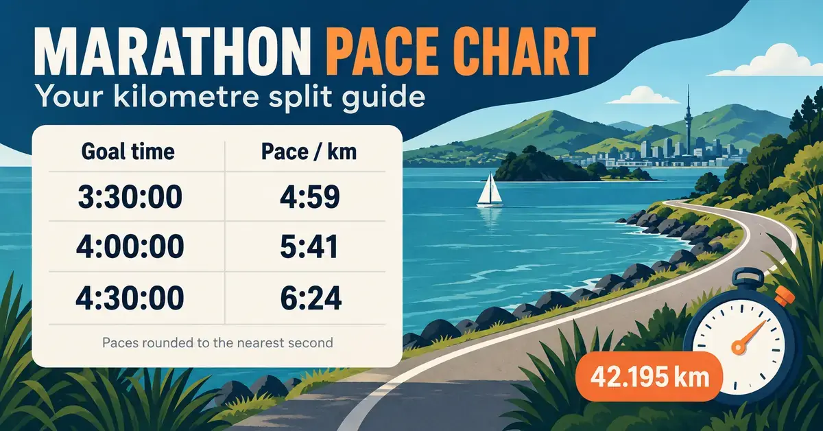 Marathon pace chart showing per-kilometre paces for 3:30, 4:00 and 4:30 finish times beside an illustrated New Zealand waterfront route and stopwatch.