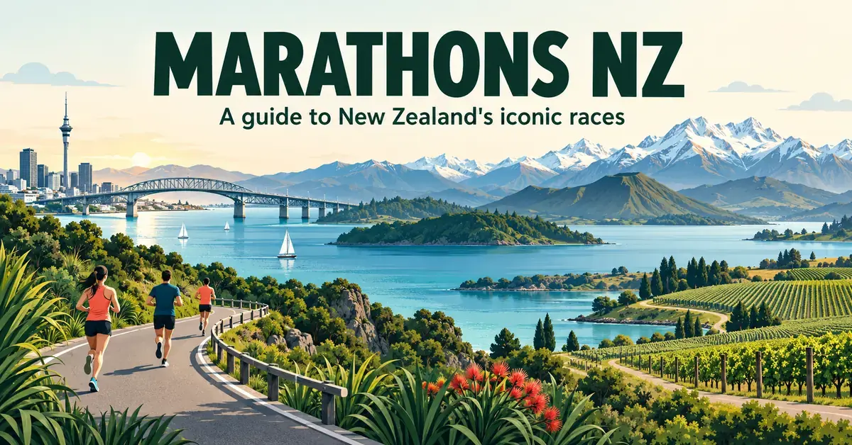 Illustrated runners follow a scenic route through a montage of New Zealand's harbour bridge, lakes, alpine peaks and vineyards beneath the heading ‘Marathons NZ’.