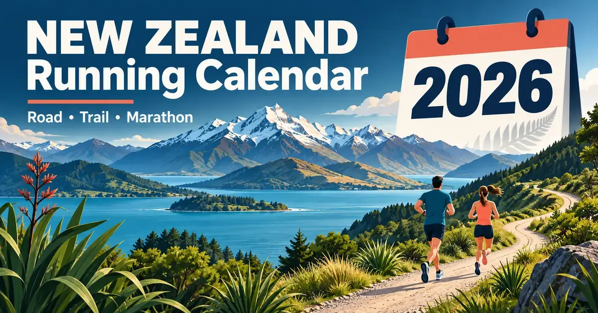 Illustrated runners follow a lakeside trail beneath New Zealand mountains alongside a 2026 calendar and the words ‘New Zealand Running Calendar’.