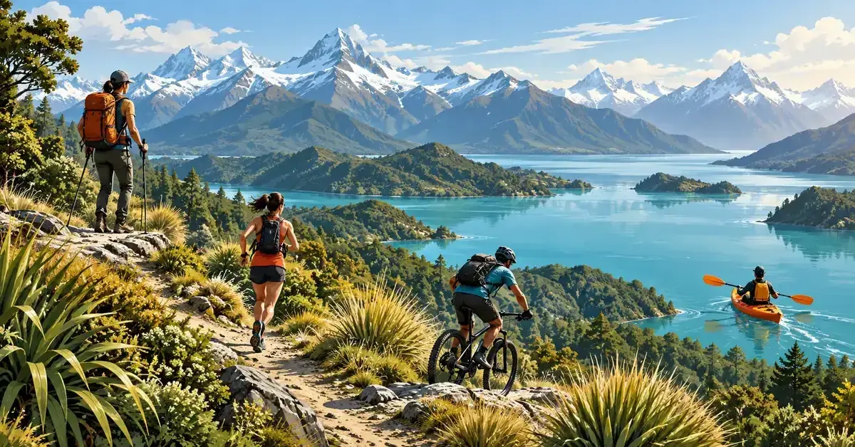 Illustration of a tramper, trail runner, mountain biker and kayaker exploring a New Zealand landscape of snow-capped mountains, native bush and a turquoise lake.