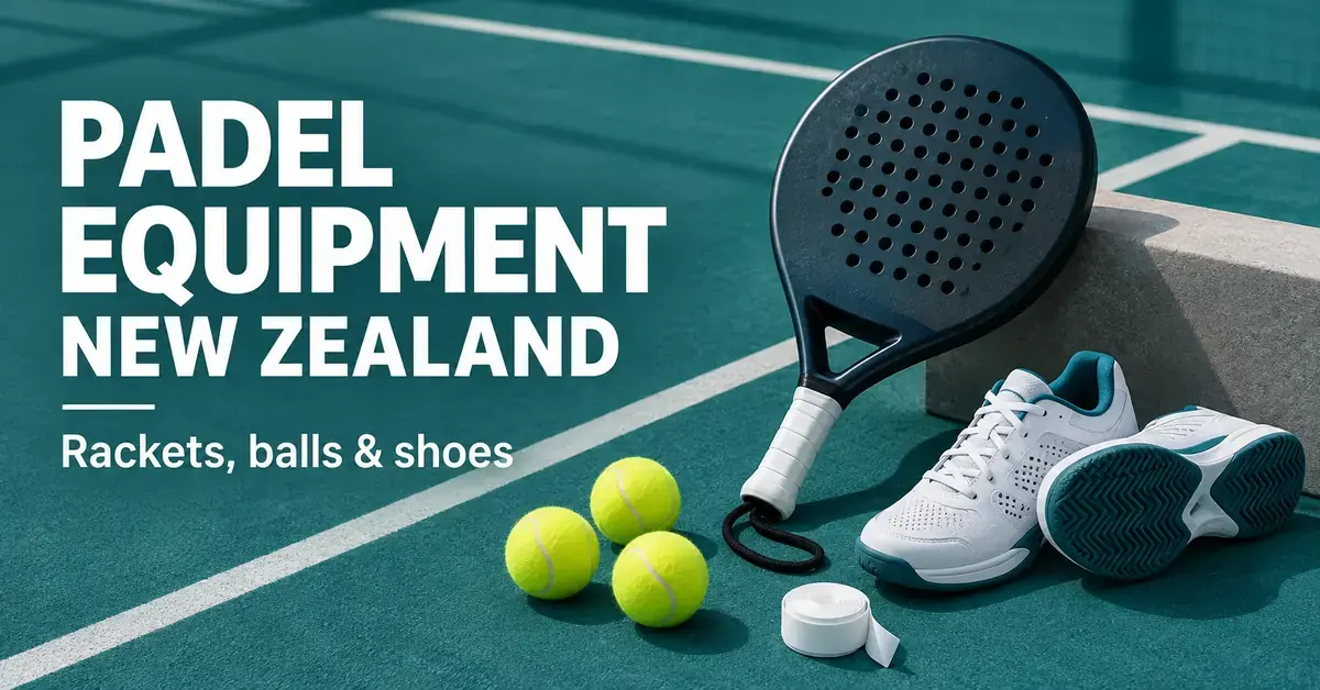 A perforated padel racket, three yellow balls, white court shoes and an overgrip on a teal court beside the words “Padel Equipment New Zealand”.