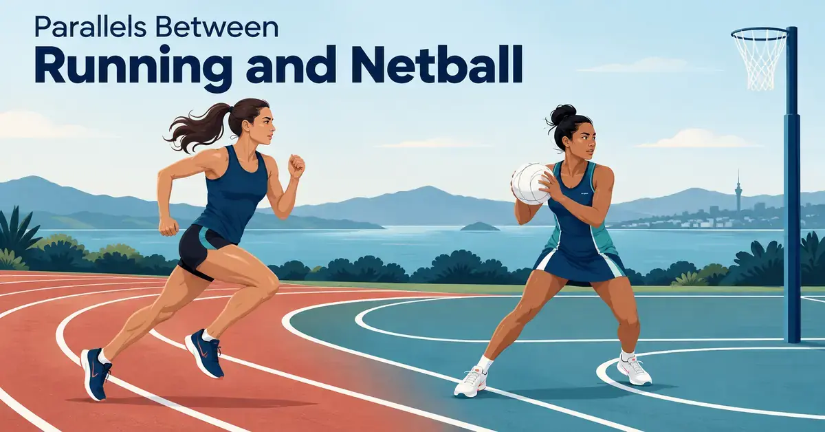 Illustration of a runner and a netball player on adjoining track and court surfaces beneath the title ‘Parallels Between Running and Netball’.