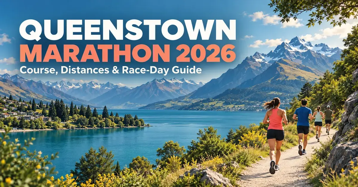 Queenstown Marathon 2026 race-day guide graphic showing runners on a lakeside trail beneath alpine mountains beside Lake Wakatipu.