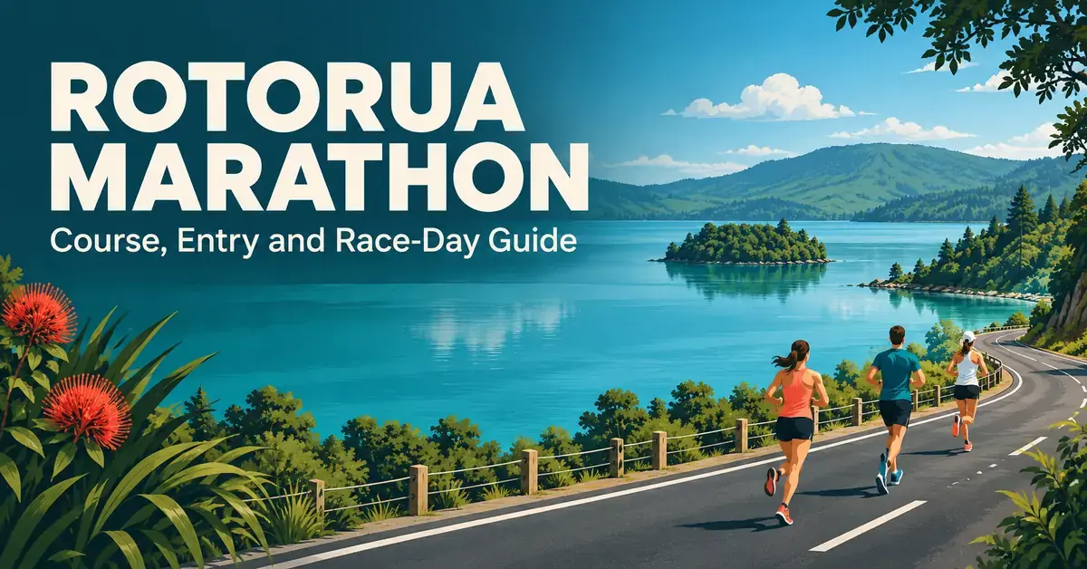 Illustrated runners follow a scenic road beside Lake Rotorua, beneath the title ‘Rotorua Marathon: Course, Entry and Race-Day Guide’.