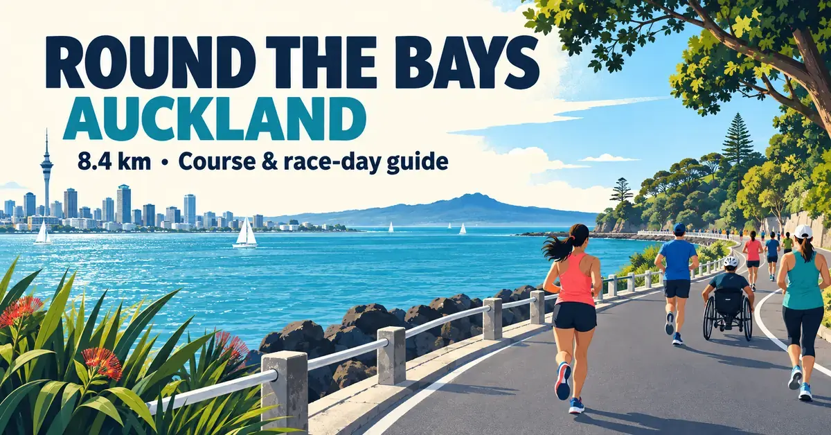 Illustration of runners, walkers and a wheelchair participant beside Auckland’s harbour, with the city skyline and text introducing the Round the Bays 8.4 km course and race-day guide.