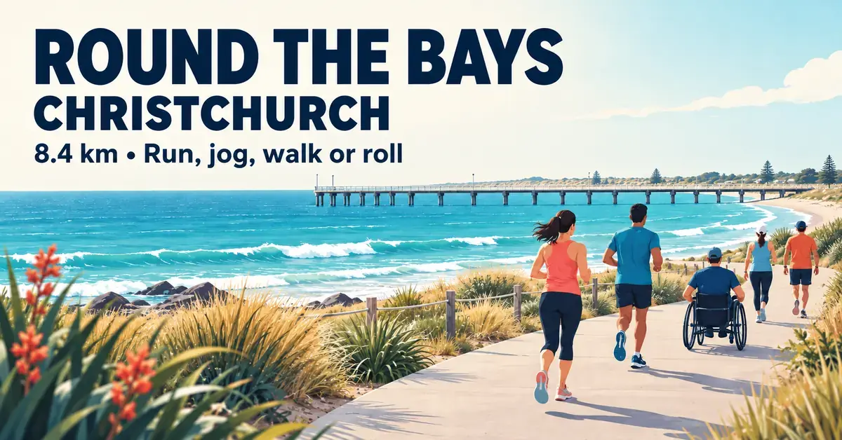 Illustration of runners, walkers and a wheelchair participant beside the sea and New Brighton Pier, with text promoting the 8.4 km Round the Bays Christchurch fun run.