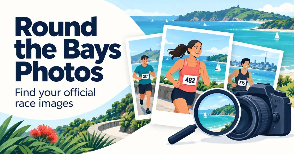 Illustrated runners beside a New Zealand bay appear in photo cards alongside a camera and magnifying glass, with the text “Round the Bays Photos: Find your official race images”.