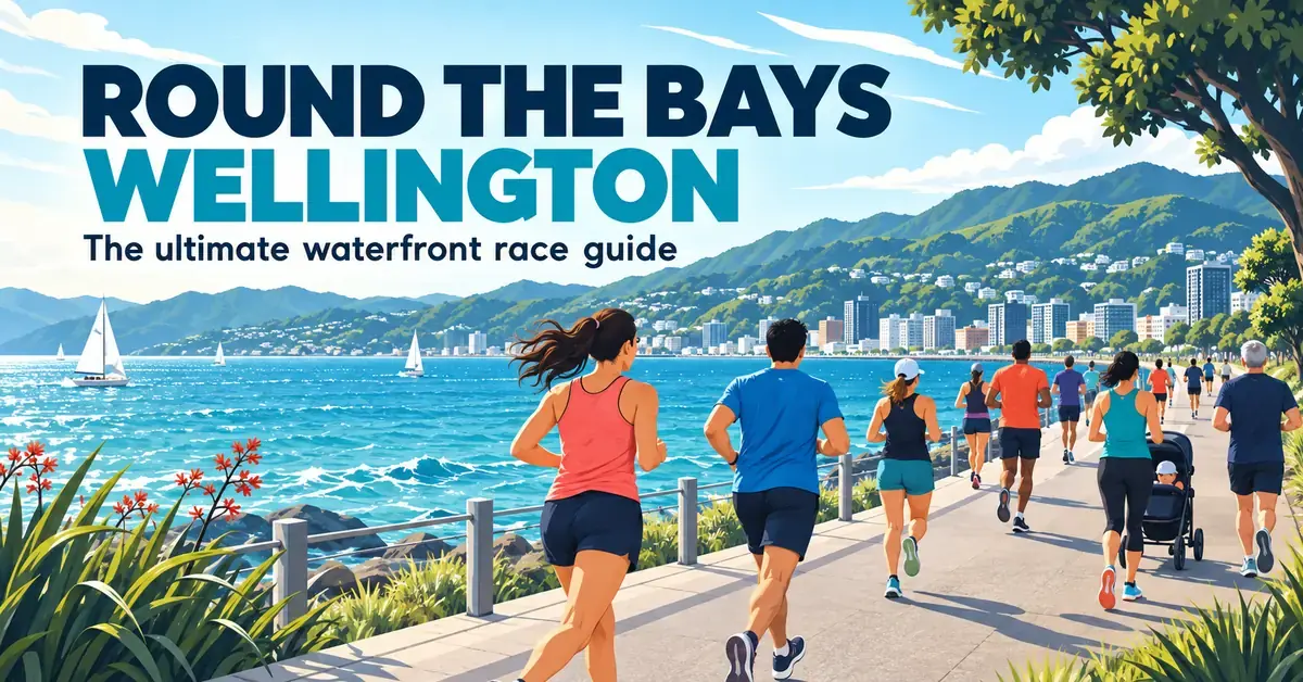 Illustration of runners and a parent with a pram beside Wellington Harbour, with green hills behind them and the title ‘Round the Bays Wellington’ above.