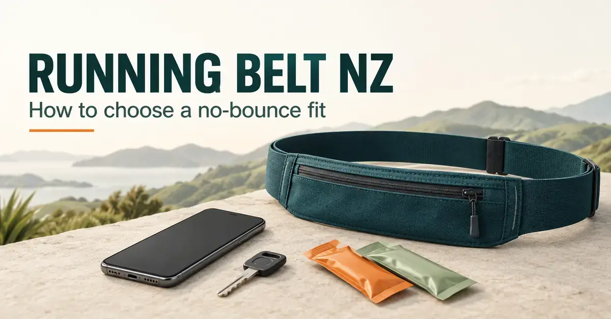 A teal running belt beside a phone, key and energy gels against a coastal hill backdrop, with the text “Running Belt NZ: How to choose a no-bounce fit”.