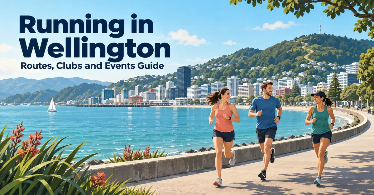Illustration of three runners on Wellington’s waterfront, with the harbour, city buildings and green hills beneath the title ‘Running in Wellington: Routes, Clubs and Events Guide’.