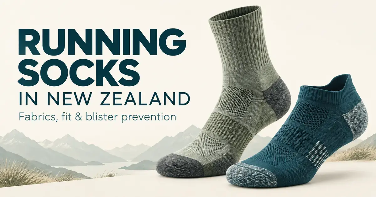 A sage crew sock and teal ankle running sock with textured cushioning appear against a mountain backdrop beside text about fabrics, fit and blister prevention in New Zealand.