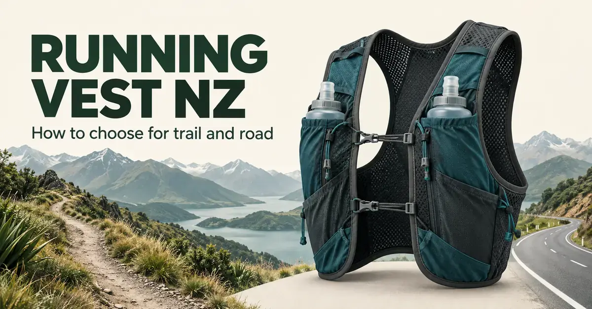 A teal and charcoal running vest with two soft flasks beside a mountain trail and winding road, with the heading “Running Vest NZ”.