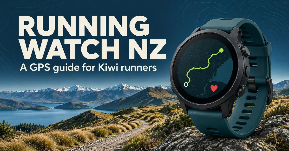 A GPS running watch displaying a route and heart icon beside the words ‘Running Watch NZ’, set against a New Zealand alpine lake and trail.