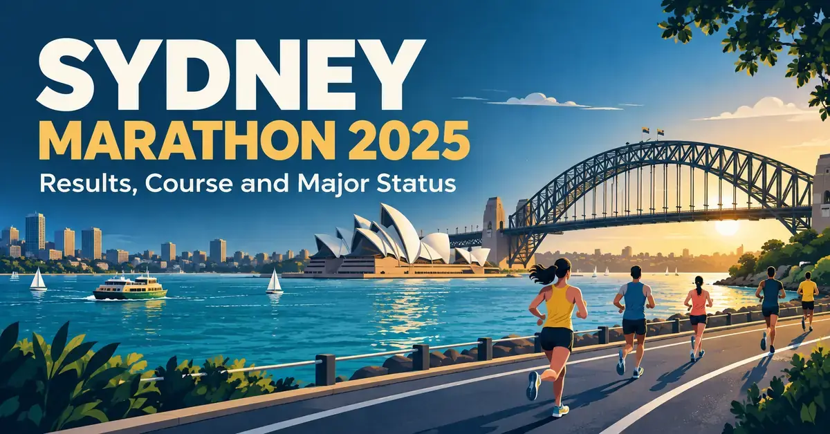 Illustrated runners beside Sydney Harbour, with the Opera House and Harbour Bridge beneath the title Sydney Marathon 2025: Results, Course and Major Status.