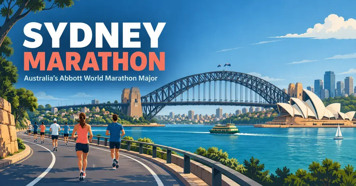 Illustrated runners beside Sydney Harbour, with the Harbour Bridge and Opera House beneath the title Sydney Marathon: Australia's Abbott World Marathon Major.