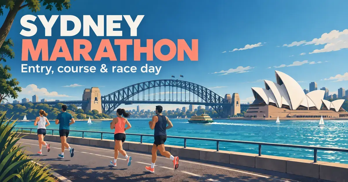 Illustrated runners beside Sydney Harbour, with the Harbour Bridge and Opera House beneath the heading ‘Sydney Marathon’ and subtitle ‘Entry, course & race day’.