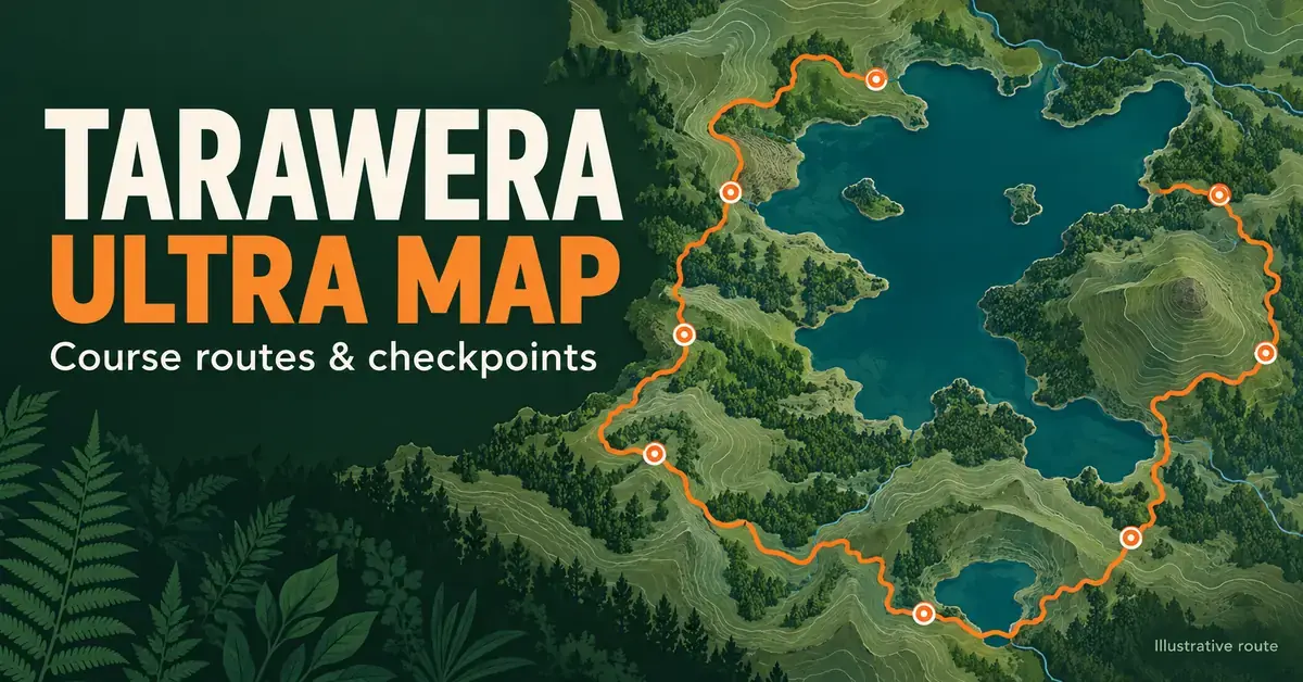 Tarawera Ultra Map graphic showing an illustrative orange trail with checkpoint markers winding around teal lakes and forested terrain.