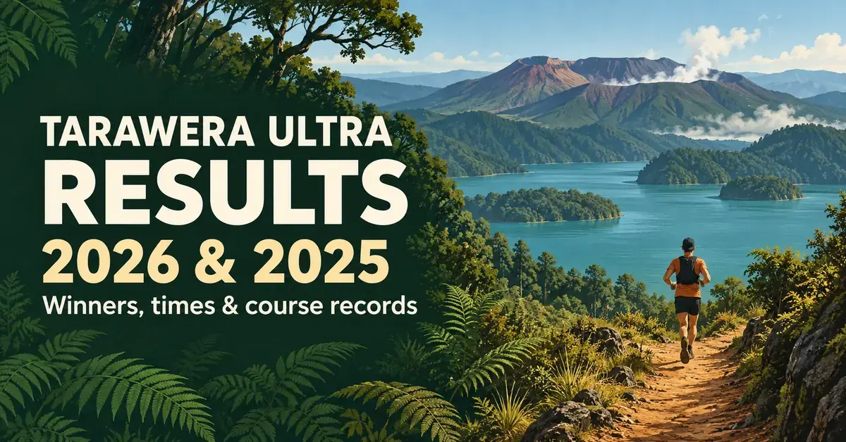 Illustrated trail runner overlooking a lake and volcanic ridges, with text highlighting Tarawera Ultra results for 2026 and 2025, winners, times and course records.