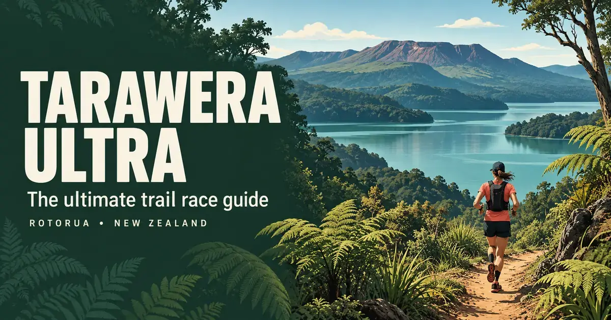 Illustrated trail runner on a fern-lined track overlooking a turquoise lake and volcanic hills, beside the text “Tarawera Ultra: The ultimate trail race guide”.