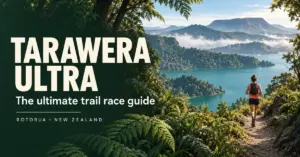 An illustrated trail runner overlooks a teal lake and lush forest near Rotorua, beside the words “Tarawera Ultra” and “The ultimate trail race guide”.