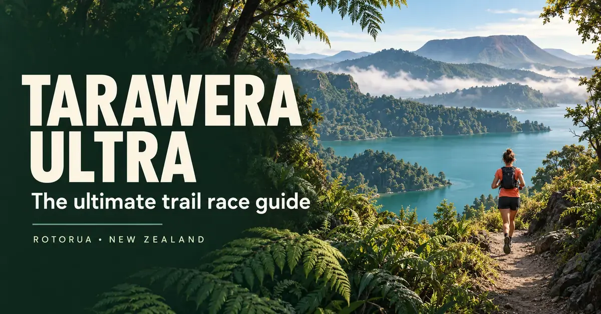 An illustrated trail runner overlooks a teal lake and lush forest near Rotorua, beside the words “Tarawera Ultra” and “The ultimate trail race guide”.