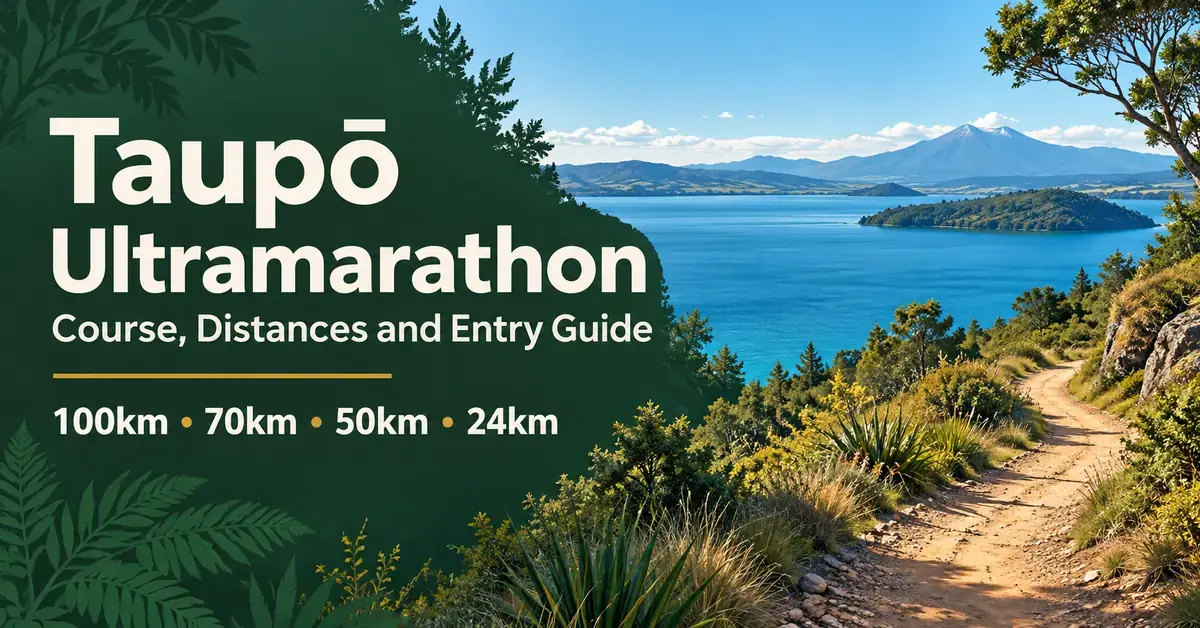 Taupō Ultramarathon guide graphic showing a winding lakeside trail, native bush and distant mountains, with the 100km, 70km, 50km and 24km distances.